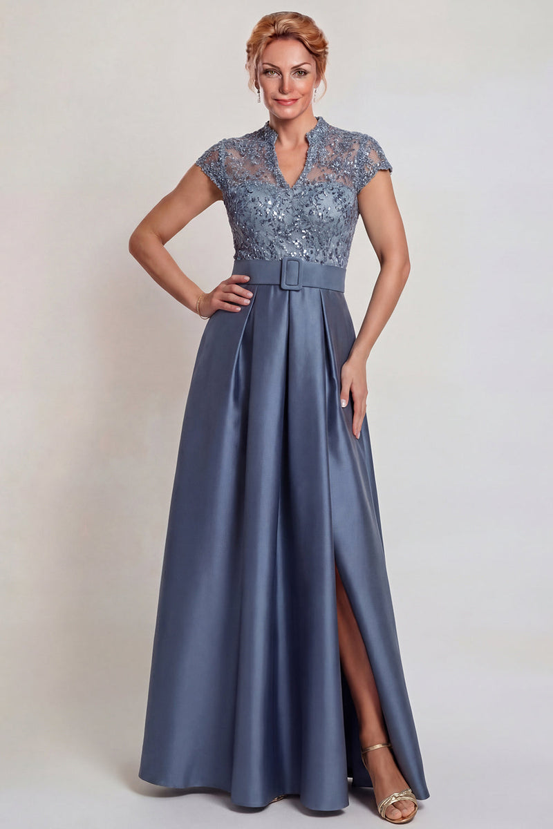 Load image into Gallery viewer, Grey Blue Lace Satin Cap Sleeves A Line Long Mother of the Bride Dress with Belt