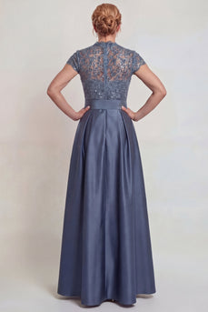 Grey Blue Lace Satin Cap Sleeves A Line Long Mother of the Bride Dress with Belt