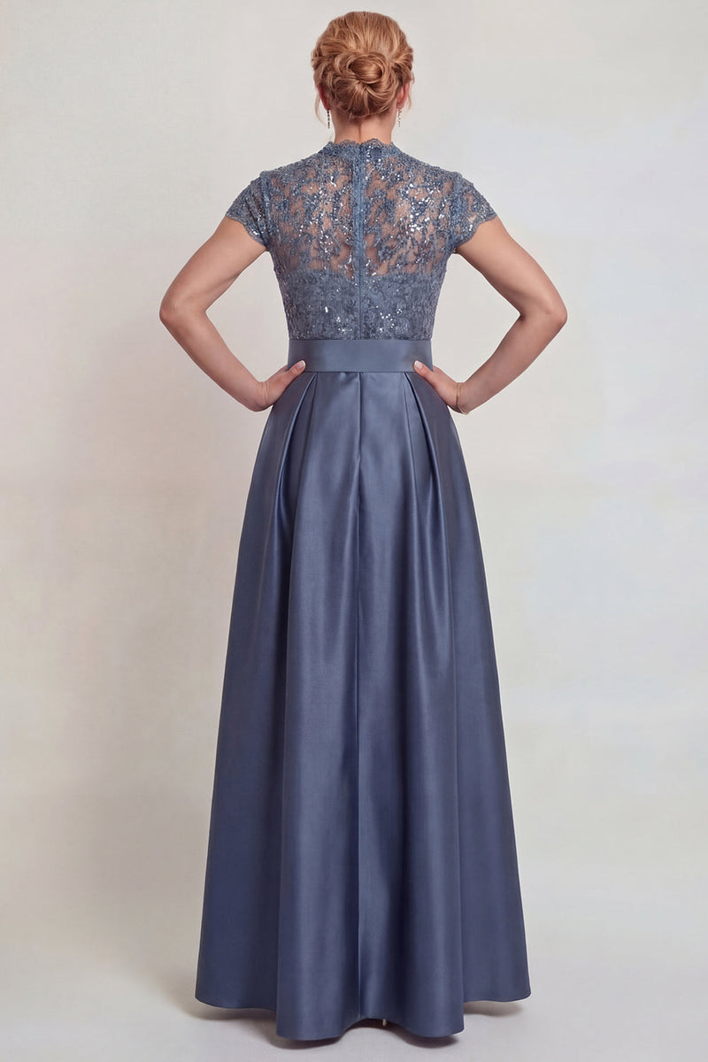 Load image into Gallery viewer, Grey Blue Lace Satin Cap Sleeves A Line Long Mother of the Bride Dress with Belt