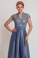 Load image into Gallery viewer, Grey Blue Lace Satin Cap Sleeves A Line Long Mother of the Bride Dress with Belt