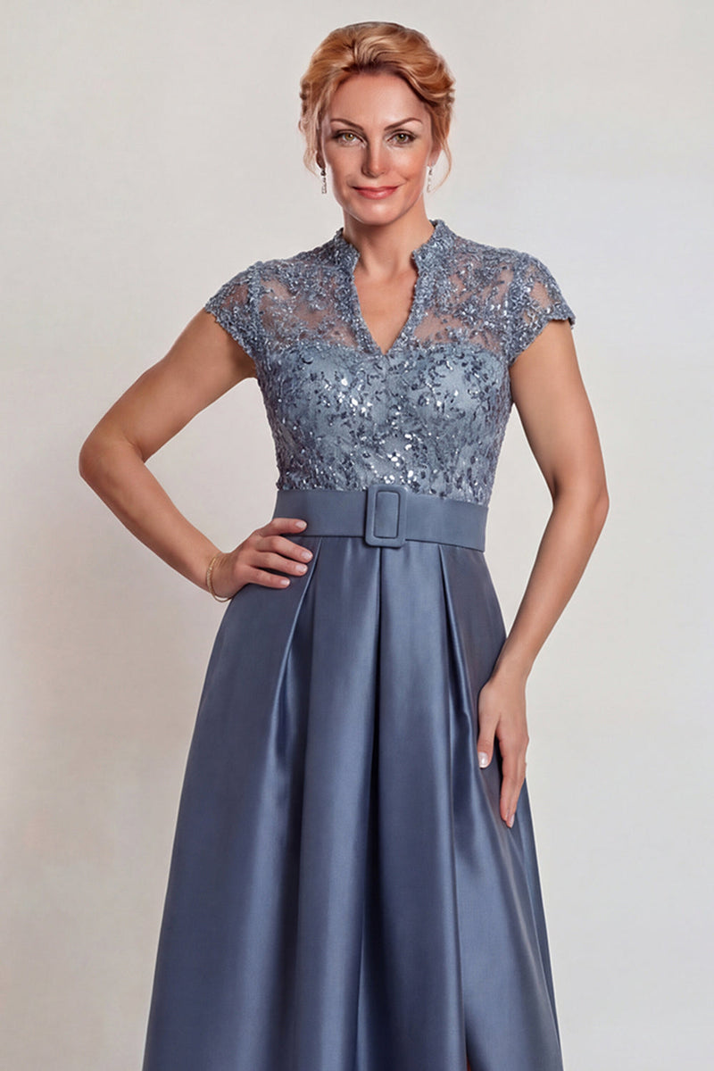Load image into Gallery viewer, Grey Blue Lace Satin Cap Sleeves A Line Long Mother of the Bride Dress with Belt