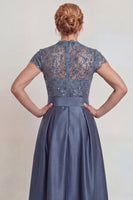 Load image into Gallery viewer, Grey Blue Lace Satin Cap Sleeves A Line Long Mother of the Bride Dress with Belt