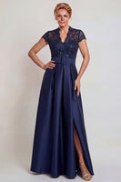 Load image into Gallery viewer, Grey Blue Lace Satin Cap Sleeves A Line Long Mother of the Bride Dress with Belt