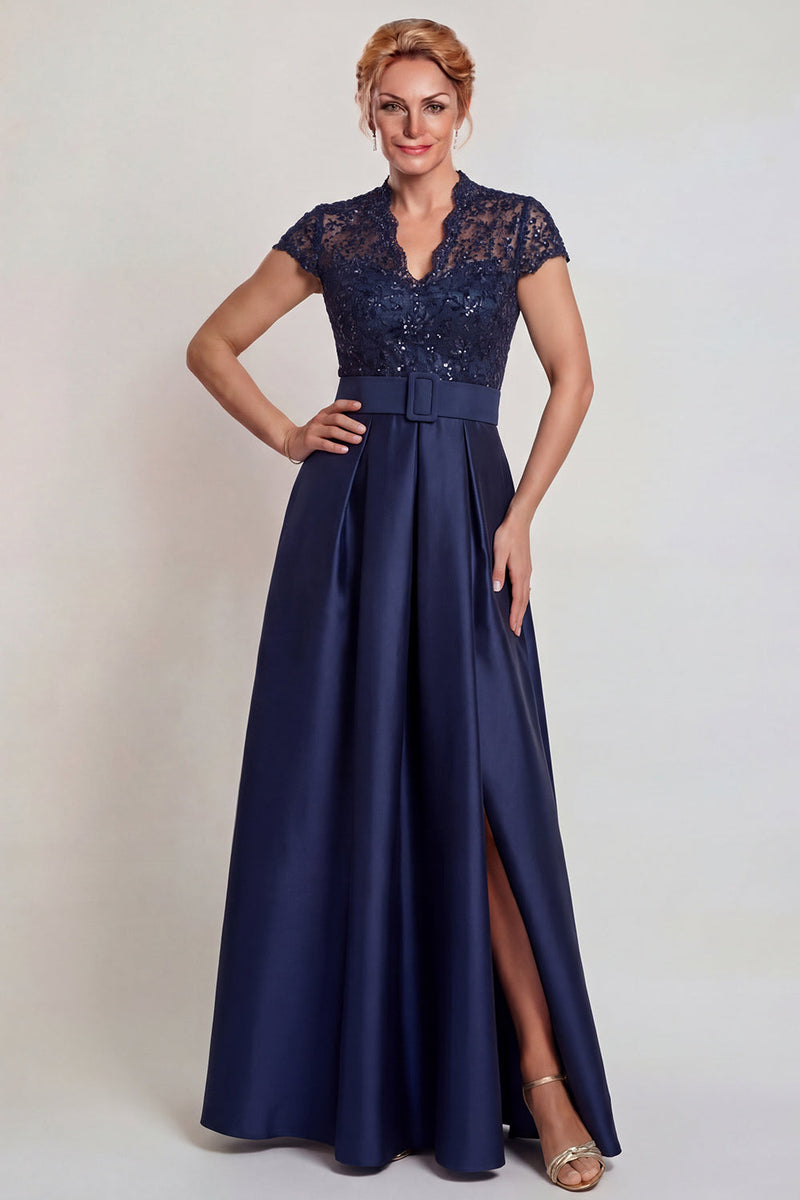 Load image into Gallery viewer, Grey Blue Lace Satin Cap Sleeves A Line Long Mother of the Bride Dress with Belt