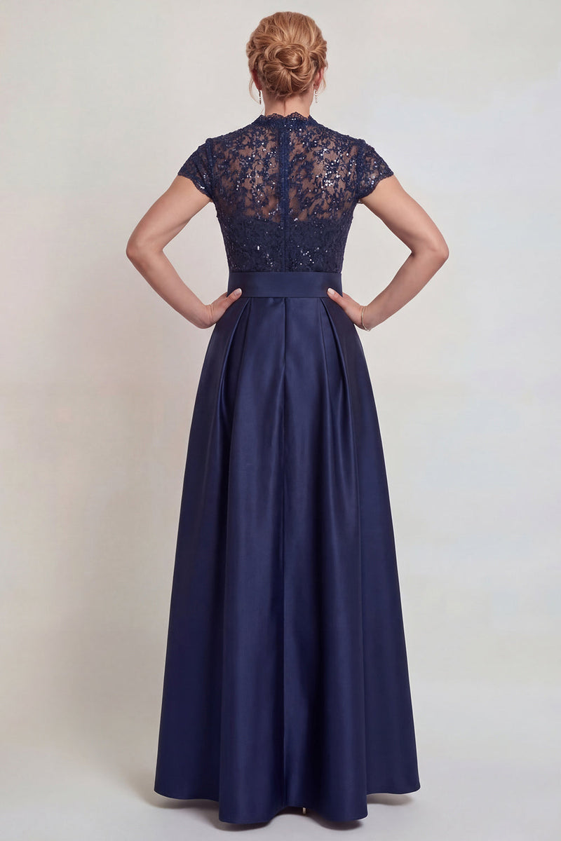 Load image into Gallery viewer, Grey Blue Lace Satin Cap Sleeves A Line Long Mother of the Bride Dress with Belt