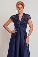 Load image into Gallery viewer, Grey Blue Lace Satin Cap Sleeves A Line Long Mother of the Bride Dress with Belt