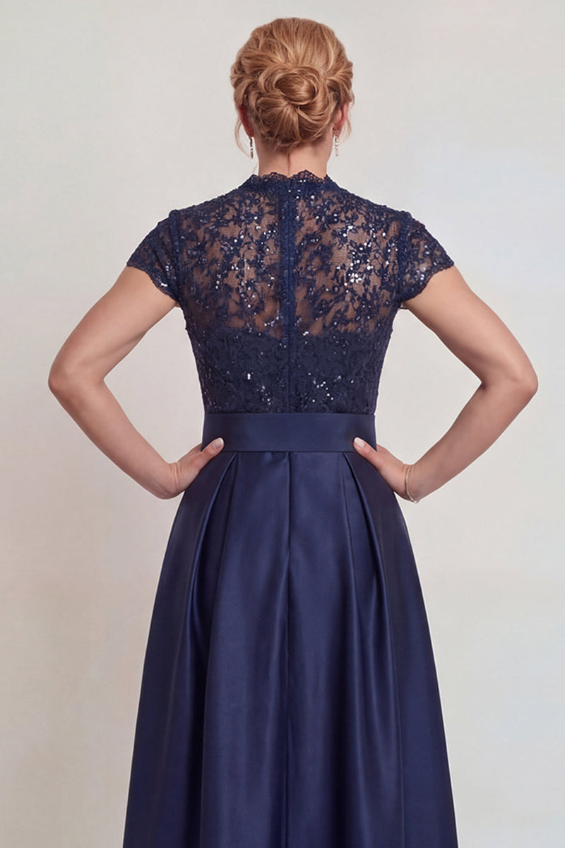 Load image into Gallery viewer, Grey Blue Lace Satin Cap Sleeves A Line Long Mother of the Bride Dress with Belt