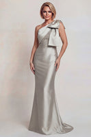 Load image into Gallery viewer, Grey Satin Mermaid One Shoulder Long Mother of the Bride Dress with Bow