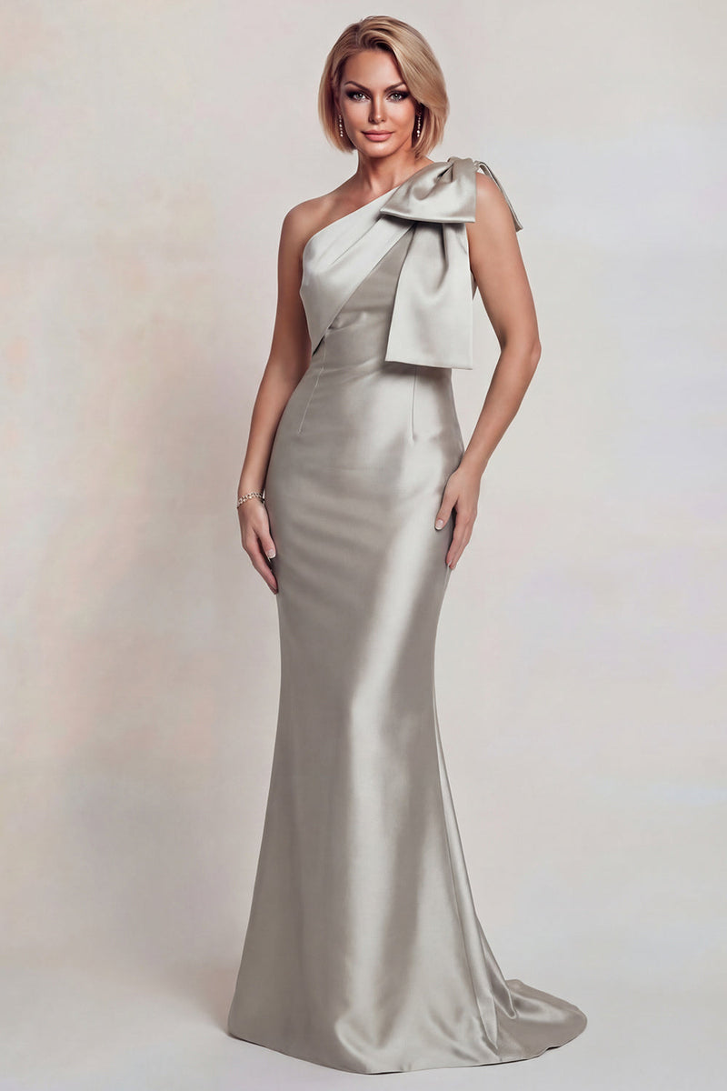 Load image into Gallery viewer, Grey Satin Mermaid One Shoulder Long Mother of the Bride Dress with Bow