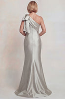 Load image into Gallery viewer, Grey Satin Mermaid One Shoulder Long Mother of the Bride Dress with Bow