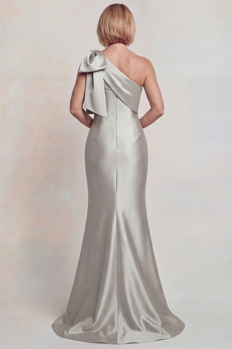 Load image into Gallery viewer, Grey Satin Mermaid One Shoulder Long Mother of the Bride Dress with Bow