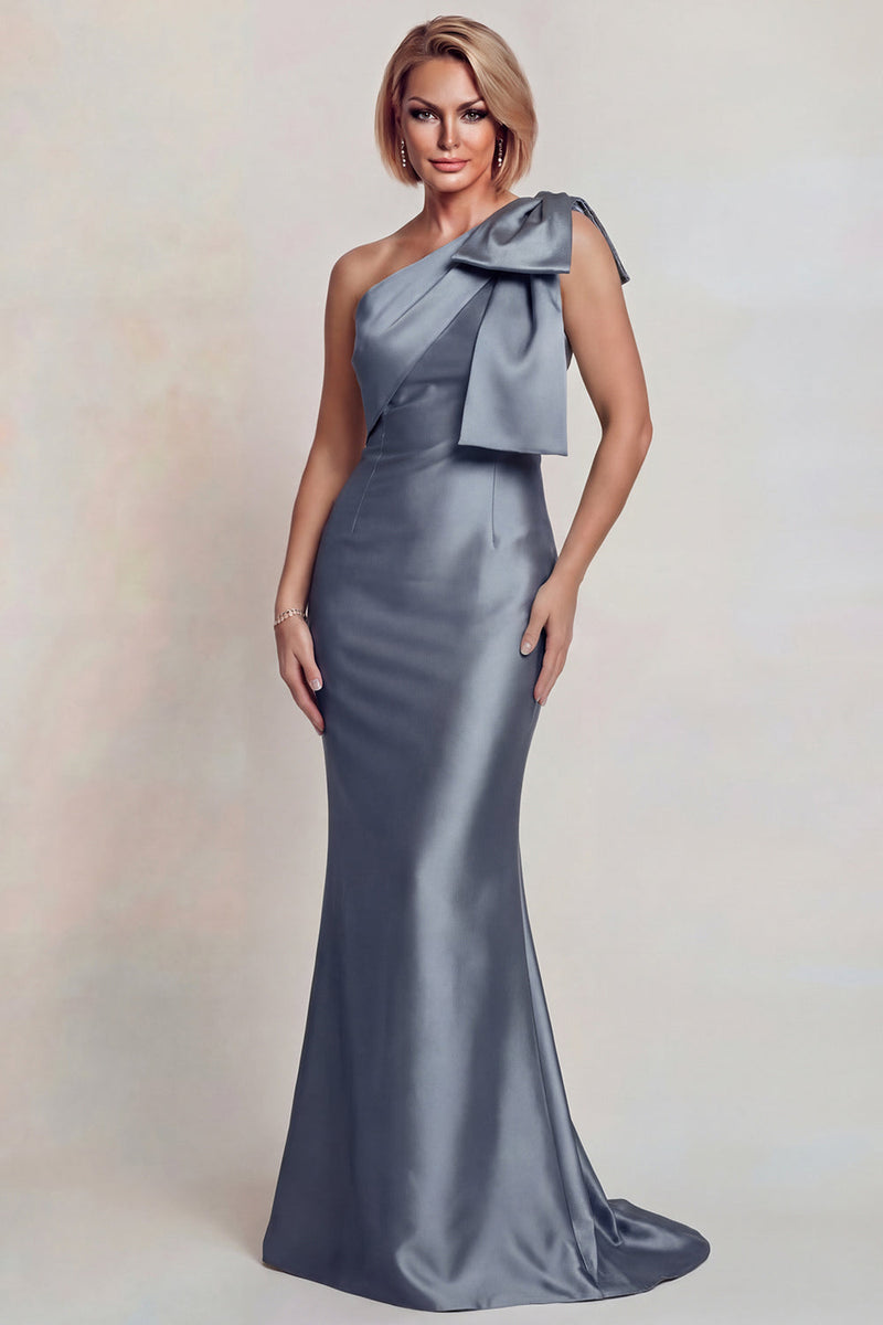 Load image into Gallery viewer, Grey Satin Mermaid One Shoulder Long Mother of the Bride Dress with Bow