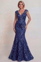 Load image into Gallery viewer, Sparkly Floral Mermaid Dark Blue Lace V-Neck Long Mother of the Bride Dress