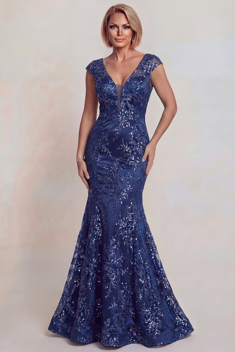 Load image into Gallery viewer, Sparkly Floral Mermaid Dark Blue Lace V-Neck Long Mother of the Bride Dress