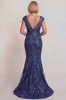 Load image into Gallery viewer, Sparkly Floral Mermaid Dark Blue Lace V-Neck Long Mother of the Bride Dress