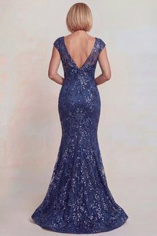 Sparkly Floral Mermaid Dark Blue Lace V-Neck Long Mother of the Bride Dress
