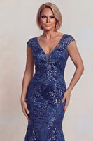 Load image into Gallery viewer, Sparkly Floral Mermaid Dark Blue Lace V-Neck Long Mother of the Bride Dress