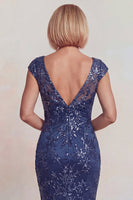 Load image into Gallery viewer, Sparkly Floral Mermaid Dark Blue Lace V-Neck Long Mother of the Bride Dress