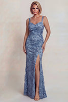 Load image into Gallery viewer, Sparkly Mermaid Grey Blue Floral Lace Long Mother of the Bride Dress with Slit