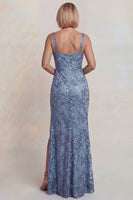 Load image into Gallery viewer, Sparkly Mermaid Grey Blue Floral Lace Long Mother of the Bride Dress with Slit