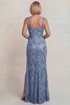 Sparkly Mermaid Grey Blue Floral Lace Long Mother of the Bride Dress with Slit