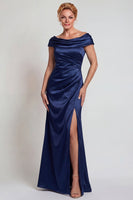 Load image into Gallery viewer, Navy Mermaid Satin Ruched Boat Neck Long Mother of the Bride Dress with Slit