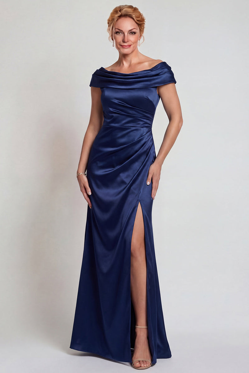 Load image into Gallery viewer, Navy Mermaid Satin Ruched Boat Neck Long Mother of the Bride Dress with Slit