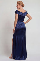Load image into Gallery viewer, Navy Mermaid Satin Ruched Boat Neck Long Mother of the Bride Dress with Slit