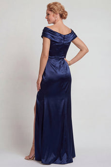 Navy Mermaid Satin Ruched Boat Neck Long Mother of the Bride Dress with Slit