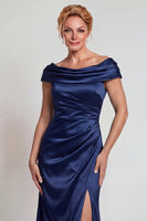 Load image into Gallery viewer, Navy Mermaid Satin Ruched Boat Neck Long Mother of the Bride Dress with Slit