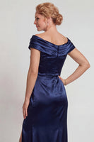 Load image into Gallery viewer, Navy Mermaid Satin Ruched Boat Neck Long Mother of the Bride Dress with Slit