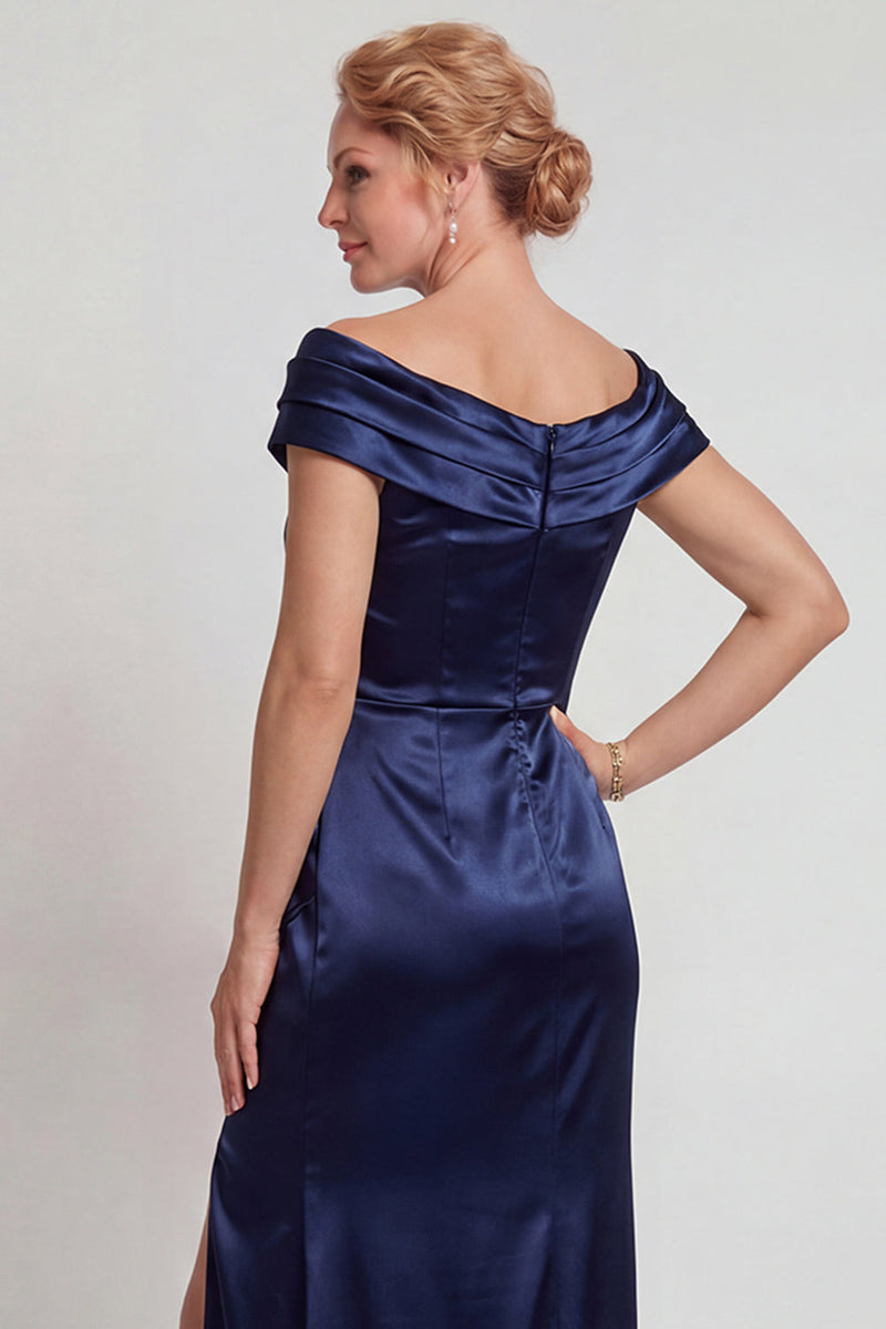 Load image into Gallery viewer, Navy Mermaid Satin Ruched Boat Neck Long Mother of the Bride Dress with Slit