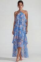 Load image into Gallery viewer, Blue Pink Tiered Halter A Line Flower Long Formal Dress with Ruffles
