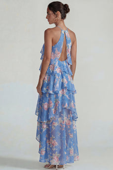 Blue Pink Tiered Halter A Line Flower Long Formal Dress with Ruffles
