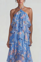 Load image into Gallery viewer, Blue Pink Tiered Halter A Line Flower Long Formal Dress with Ruffles