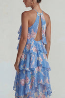 Load image into Gallery viewer, Blue Pink Tiered Halter A Line Flower Long Formal Dress with Ruffles