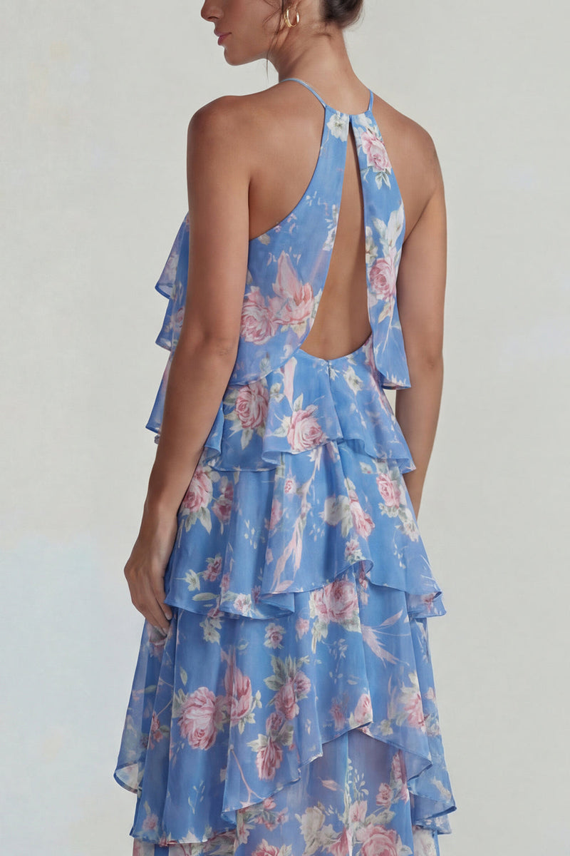Load image into Gallery viewer, Blue Pink Tiered Halter A Line Flower Long Formal Dress with Ruffles
