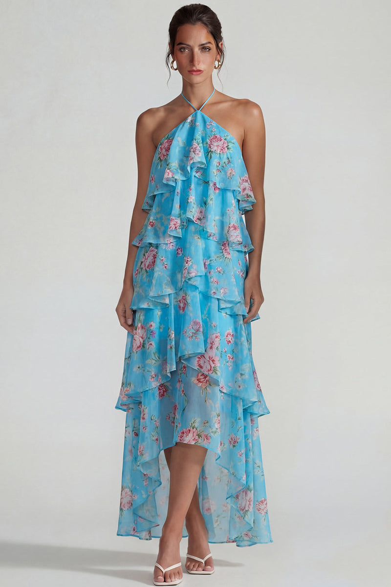 Load image into Gallery viewer, Blue Pink Tiered Halter A Line Flower Long Formal Dress with Ruffles