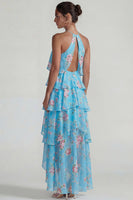 Load image into Gallery viewer, Blue Pink Tiered Halter A Line Flower Long Formal Dress with Ruffles