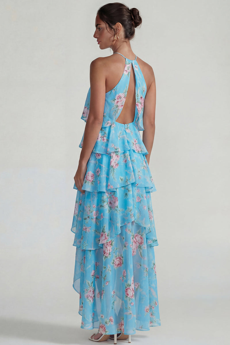 Load image into Gallery viewer, Blue Pink Tiered Halter A Line Flower Long Formal Dress with Ruffles
