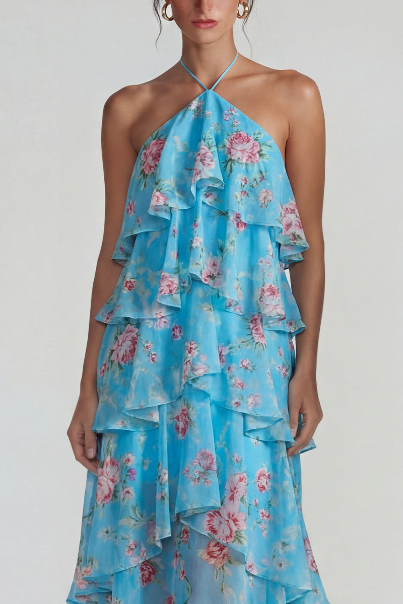 Load image into Gallery viewer, Blue Pink Tiered Halter A Line Flower Long Formal Dress with Ruffles