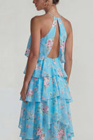 Load image into Gallery viewer, Blue Pink Tiered Halter A Line Flower Long Formal Dress with Ruffles
