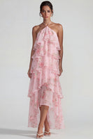 Load image into Gallery viewer, Blue Pink Tiered Halter A Line Flower Long Formal Dress with Ruffles