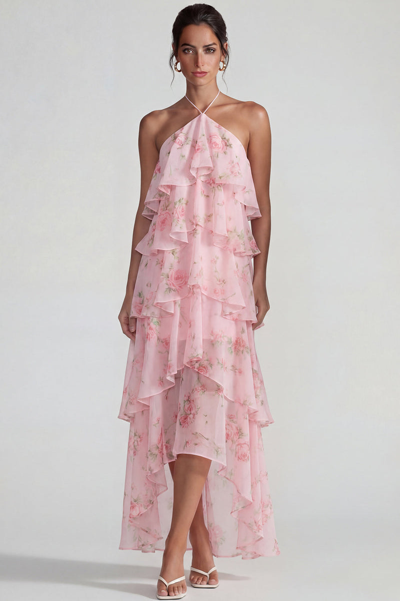 Load image into Gallery viewer, Blue Pink Tiered Halter A Line Flower Long Formal Dress with Ruffles