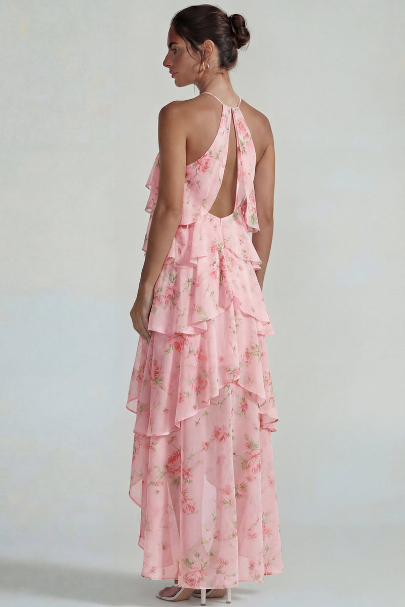 Load image into Gallery viewer, Blue Pink Tiered Halter A Line Flower Long Formal Dress with Ruffles