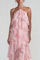 Load image into Gallery viewer, Blue Pink Tiered Halter A Line Flower Long Formal Dress with Ruffles