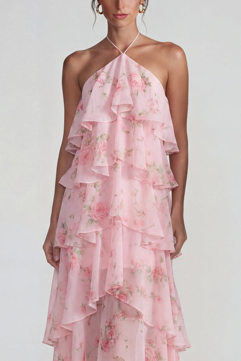 Load image into Gallery viewer, Blue Pink Tiered Halter A Line Flower Long Formal Dress with Ruffles