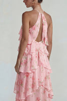 Load image into Gallery viewer, Blue Pink Tiered Halter A Line Flower Long Formal Dress with Ruffles