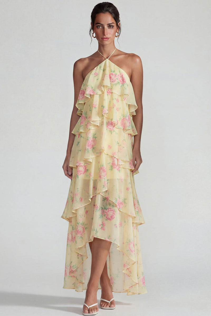 Load image into Gallery viewer, Blue Pink Tiered Halter A Line Flower Long Formal Dress with Ruffles