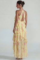 Load image into Gallery viewer, Blue Pink Tiered Halter A Line Flower Long Formal Dress with Ruffles